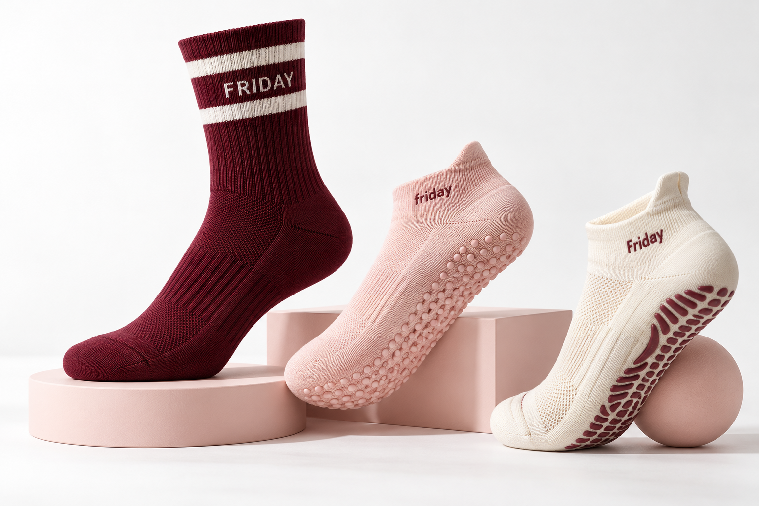 Friday branded sock concepts showing sports crew socks, Pilates grip socks and aqua activity socks